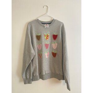 Hanes Explorer Gray Sweatshirt Size L With Hand-Embroidered Strawberry Design